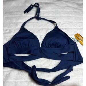 Kona Sol Navy Blue Wrap Halter Bikini Top Small NWT